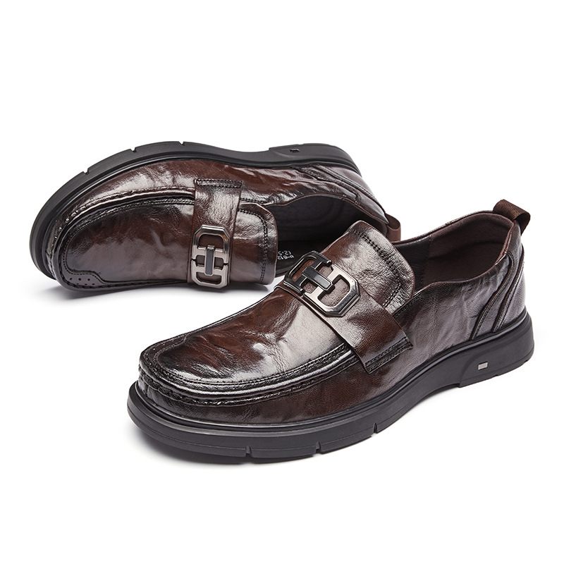 Męskie Buty Wizytowe Mokasyny Retro Okrągłe Noski Skóra Bydlęca Metalowa Klamra