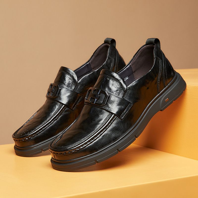 Męskie Buty Wizytowe Mokasyny Retro Okrągłe Noski Skóra Bydlęca Metalowa Klamra - Czarny
