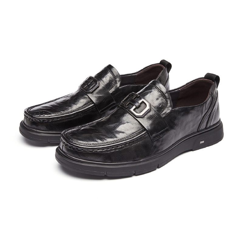 Męskie Buty Wizytowe Mokasyny Retro Okrągłe Noski Skóra Bydlęca Metalowa Klamra - Czarny