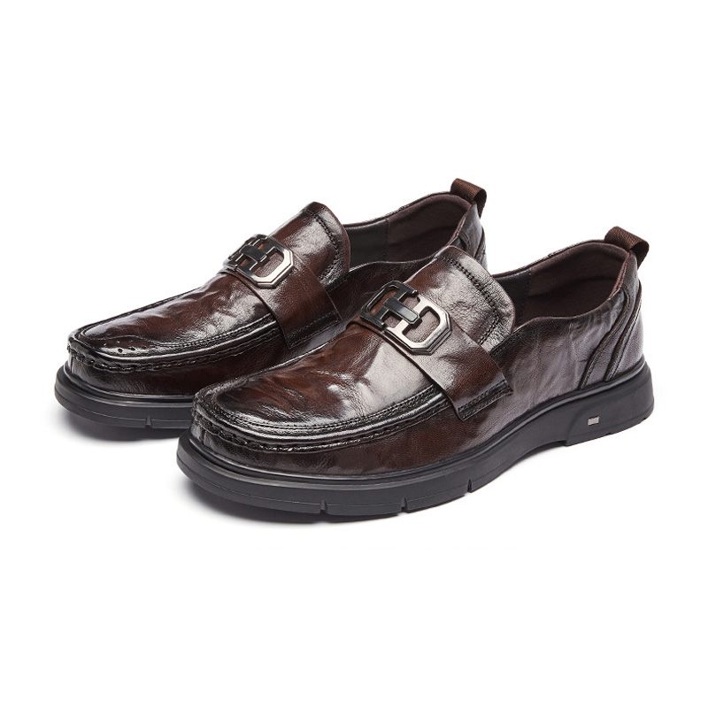 Męskie Buty Wizytowe Mokasyny Retro Okrągłe Noski Skóra Bydlęca Metalowa Klamra - Brązowy