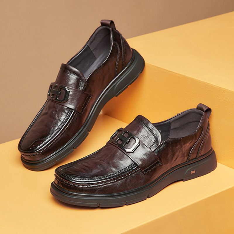 Męskie Buty Wizytowe Mokasyny Retro Okrągłe Noski Skóra Bydlęca Metalowa Klamra - Brązowy