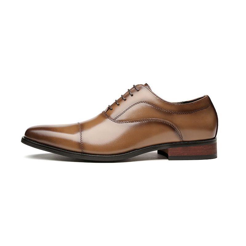 Męskie Buty Wizytowe Oxford Cap Toe Skóra Bydlęca Drewniana Pięta - Khaki
