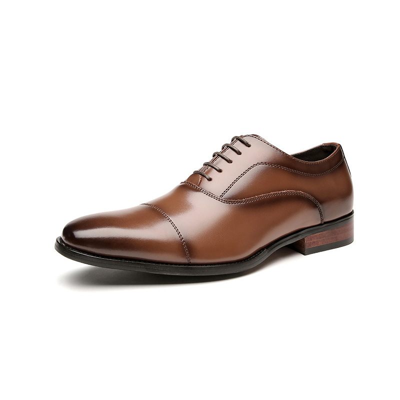 Męskie Buty Wizytowe Oxford Cap Toe Skóra Bydlęca Drewniana Pięta - Brązowy