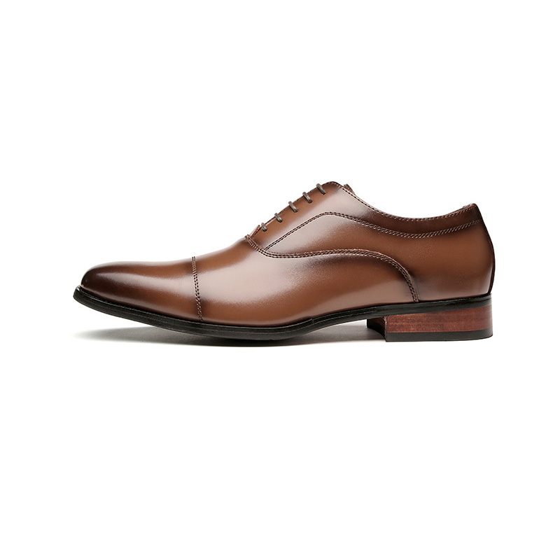 Męskie Buty Wizytowe Oxford Cap Toe Skóra Bydlęca Drewniana Pięta - Brązowy
