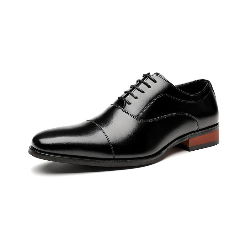Męskie Buty Wizytowe Oxford Cap Toe Skóra Bydlęca Drewniana Pięta - Czarny