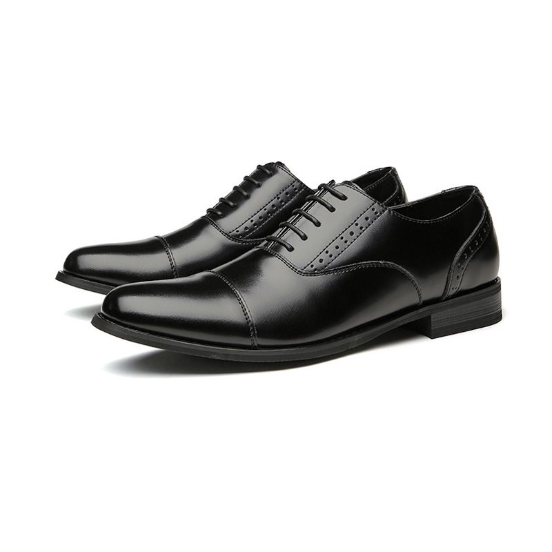 Męskie Buty Wizytowe Typu Oxford Rzeźbione Z Okrągłym Noskiem Ze Skóry Bydlęcej 5 Oczkami - Czarny