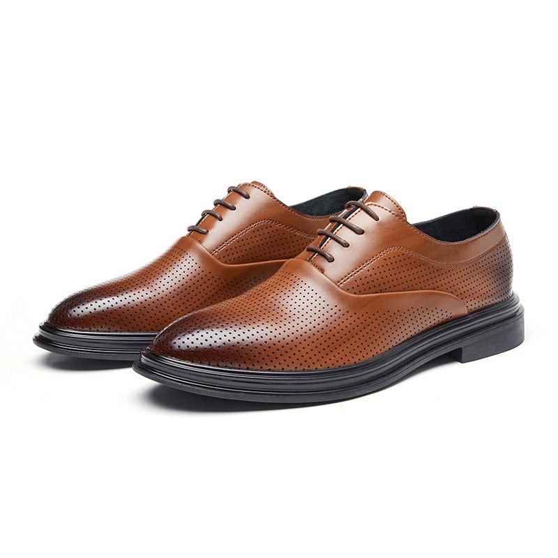 Męskie Buty Wyjściowe Oxford Ze Skóry Bydlęcej Oddychające Szpiczastym Noskiem Sznurowane Z 3 Oczkami